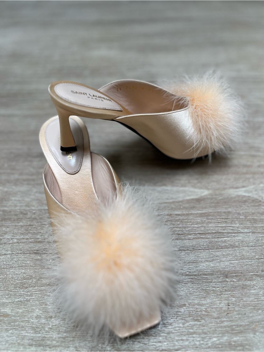 Saint Laurent Pearl Satin Mules with Peach Feather Pom